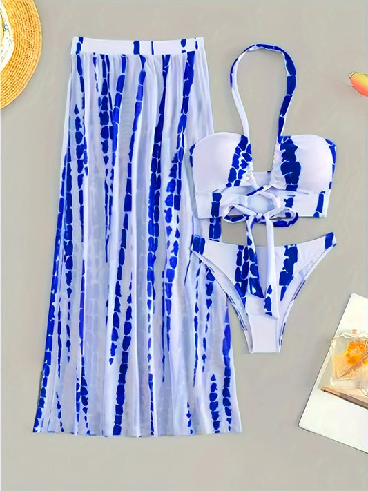 Boho Chic Two-Piece Tye Dye Swimsuit + Maxi Skirt Set Colors Red, Black, and Blue