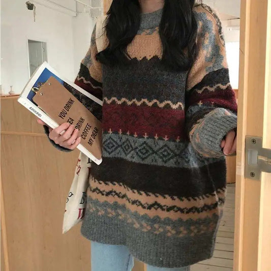 Vintage Stripped, Loose, Knit Sweater, 3 Design Color Variants