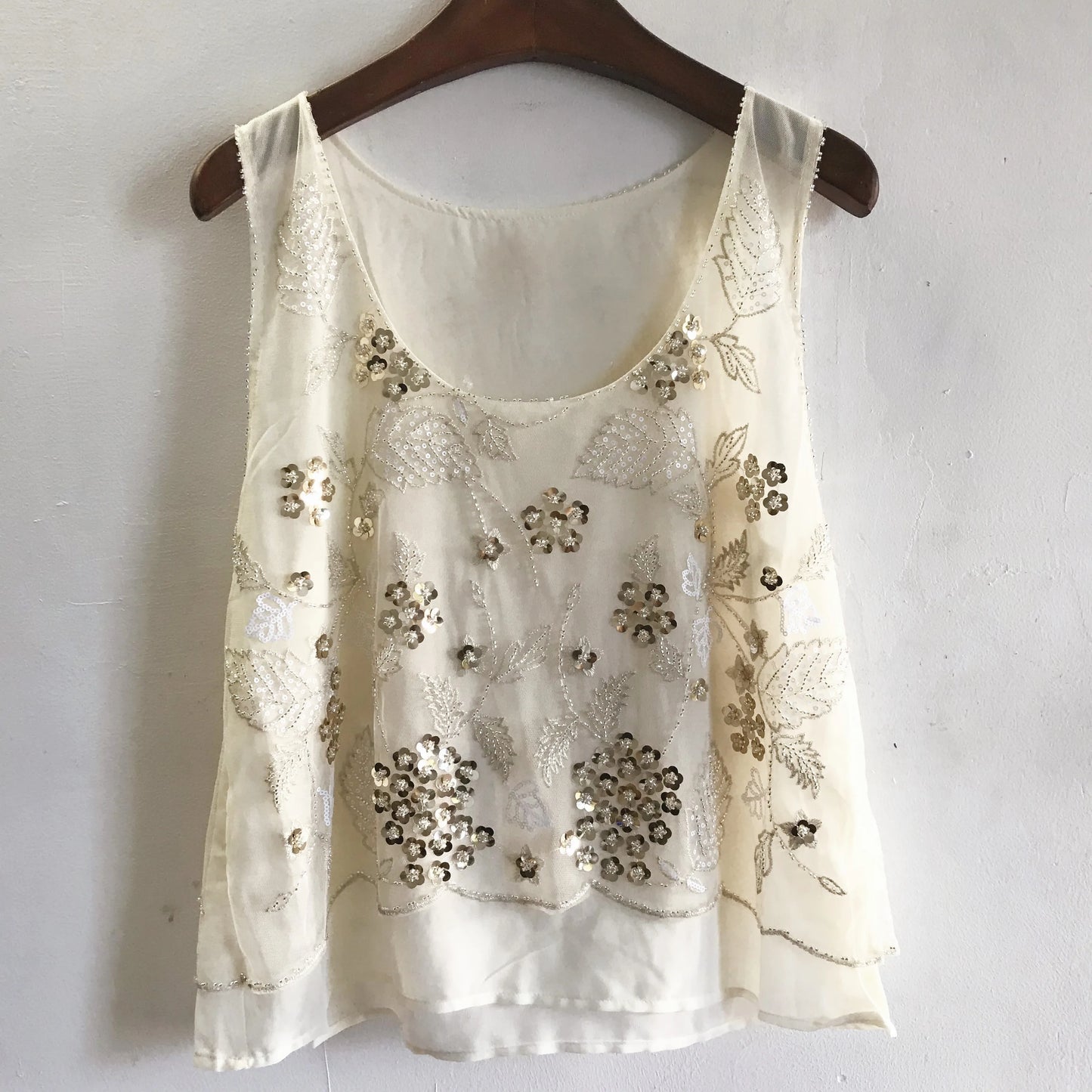 Floral Beaded Loose Sleeveless Tank Top U-Neck Flowers Embroidered Sequined Chiffon Gauze Tank Tops