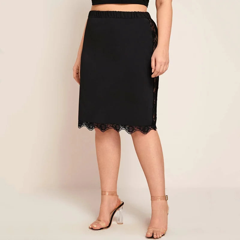 Plus Sizes to 8XL!!! Elastic Waist, Elegant Bodycon Skirt with Lace Trim, Black Business Casual Midi Skirt