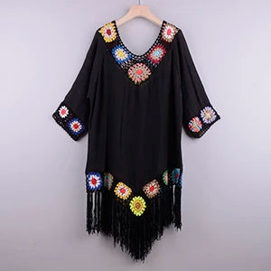 CROCHET WHITE BIKINI White Bikini Cover Up With Fringe and Native American Design