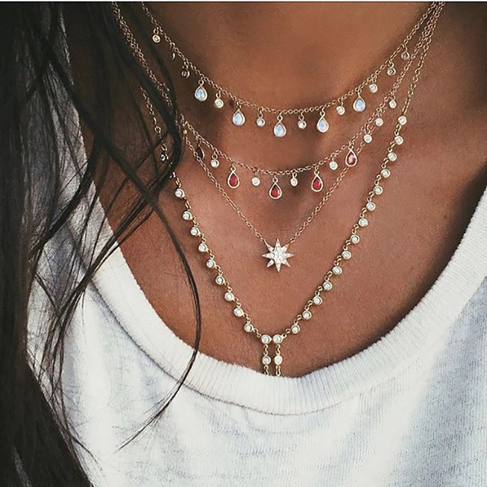Vintage Crystal Star Moon Layered Necklace Boho Multi-level Necklaces