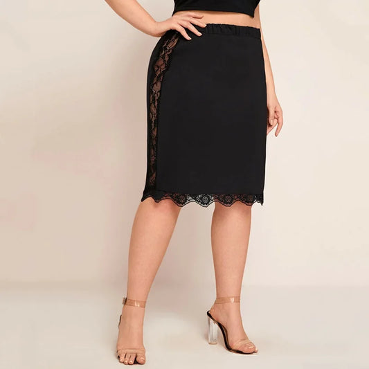 Plus Sizes to 8XL!!! Elastic Waist, Elegant Bodycon Skirt with Lace Trim, Black Business Casual Midi Skirt