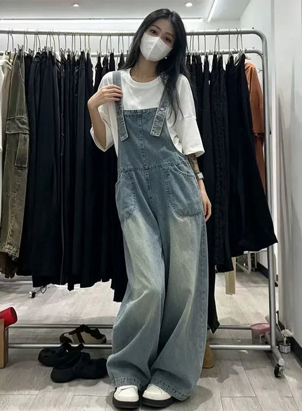 Retro Light Wash Denim Overalls for Loose High Waist Baggy Leg Jumpsuit with Big Pockets