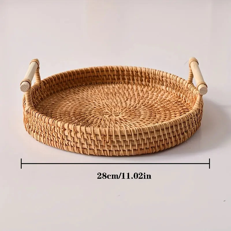Handwoven Rattan Tray & Food Presentation Basket | Eco-Friendly Kitchen Organizer with Handles