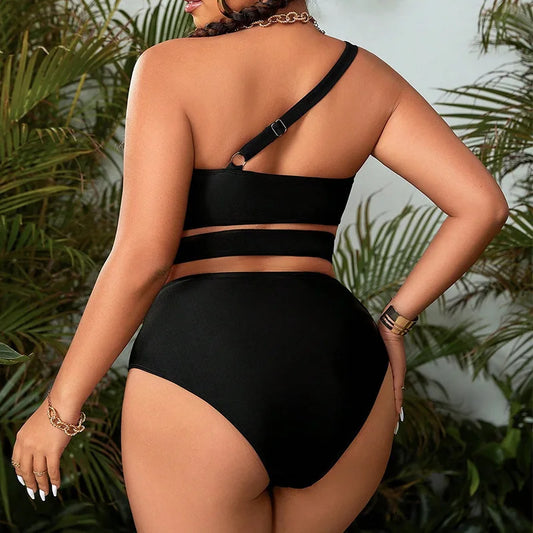 Sizes to 4XL One Shoulder Cut Out Black Swimsuit Curvy Female Bikini Sets