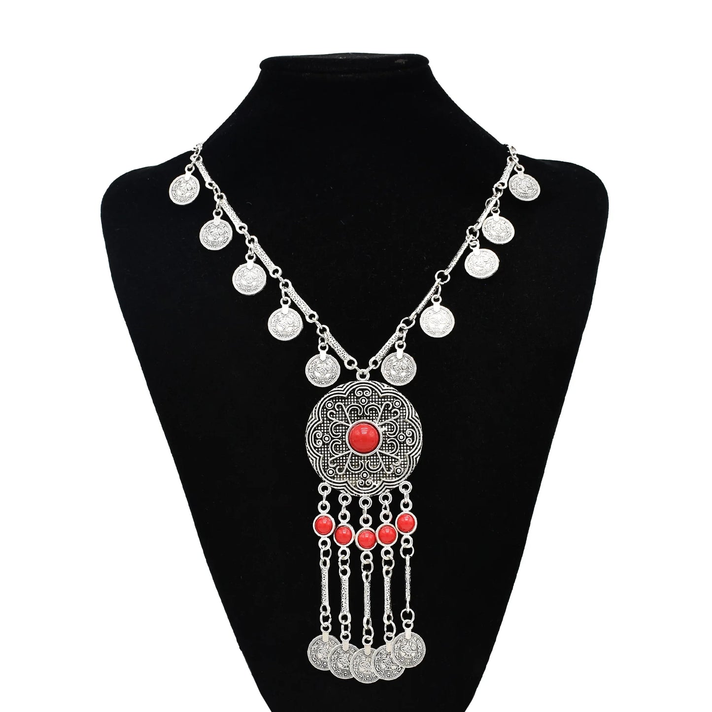Bohemian Black Blue Stones, Coin tassel Necklace Turkish Gypsy Boho