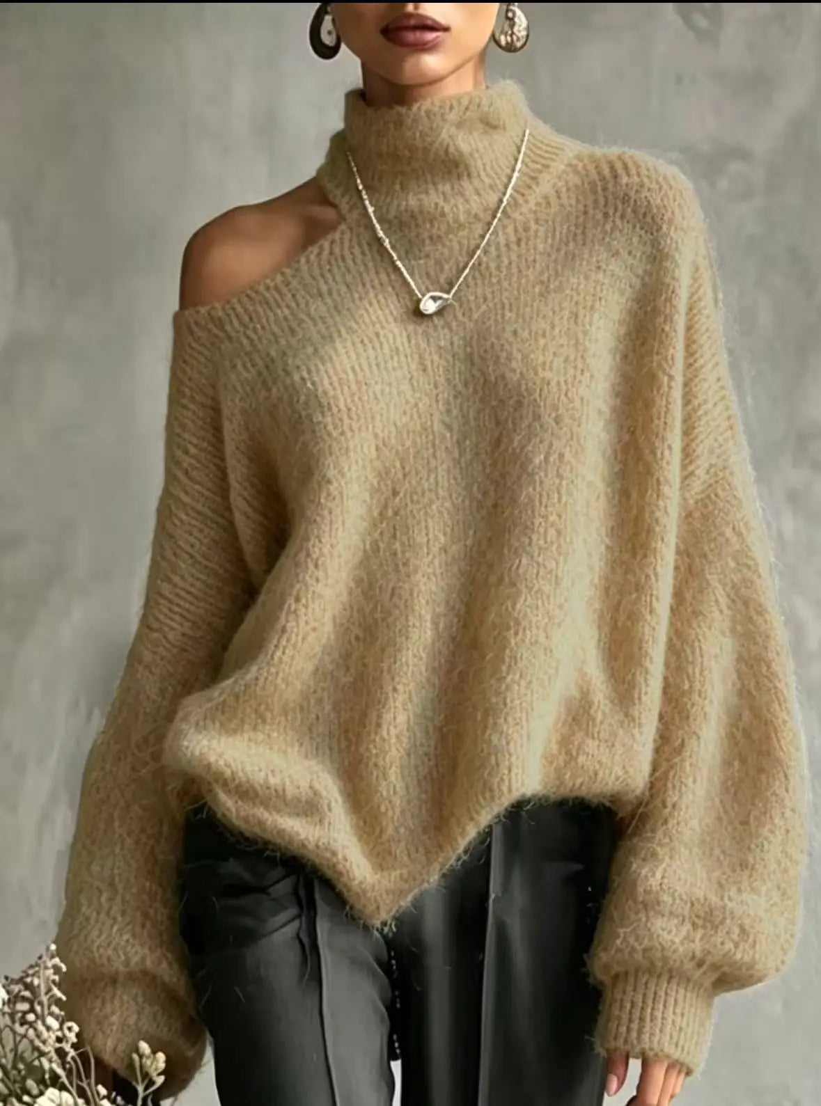 Off-Shoulder High-Collar Loose Knit Pullover, Long Sleeve, 10 Colors in sizes to 2XL