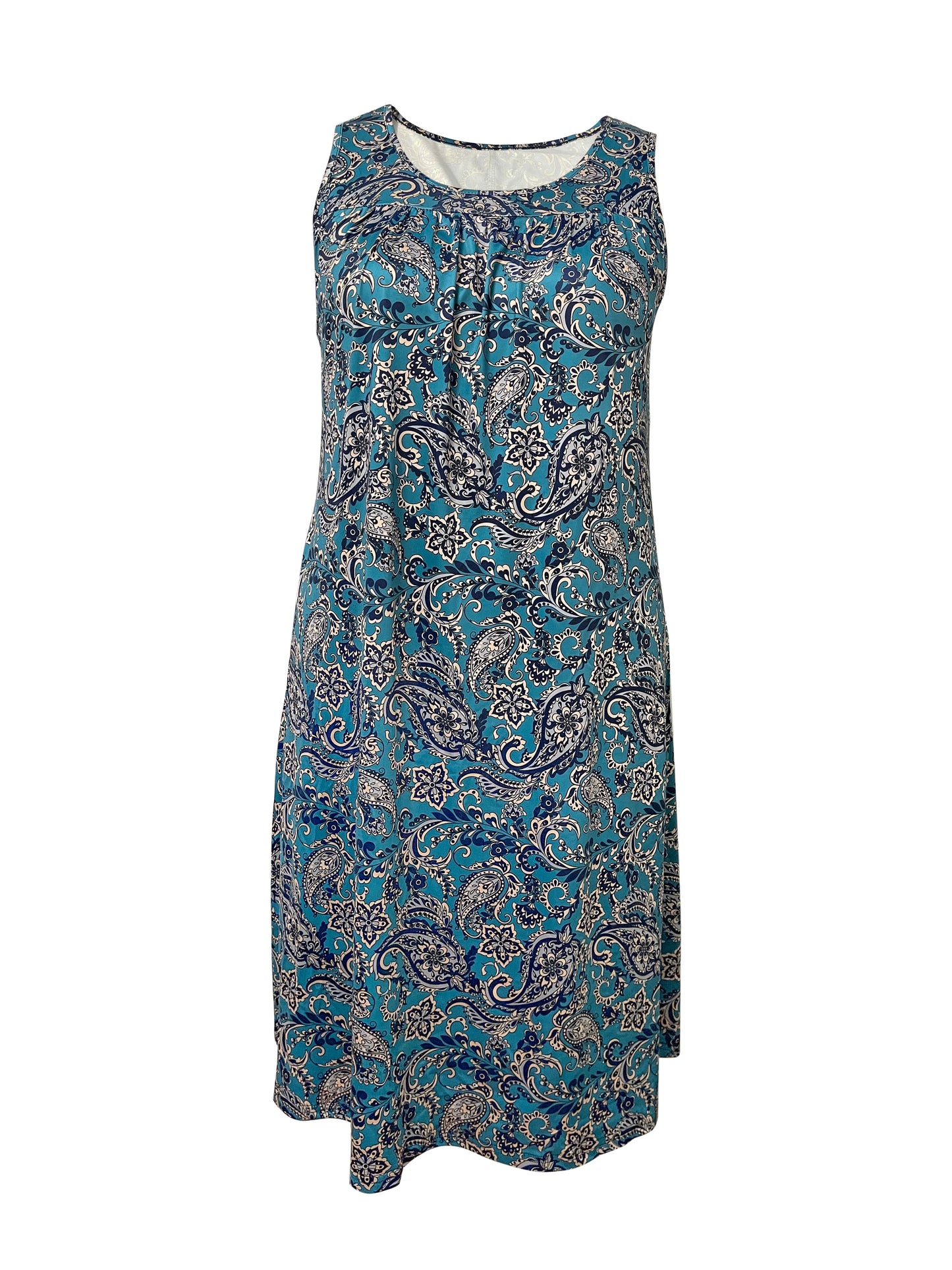 Sizes 1-5XL Sleeveless Paisley Print Dress, Teal Blue Bohemian Style, Casual Daily Wear
