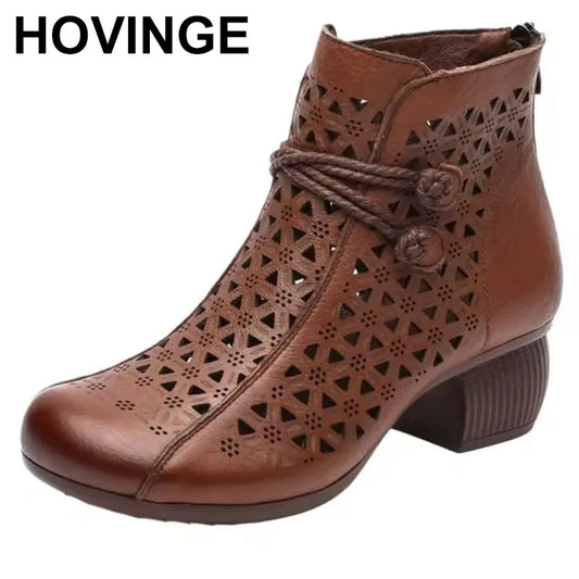 Boho 5cm Thick Heel Ankle Zipper Back Boots Handmade Retro Style Genuine Breathable Leather