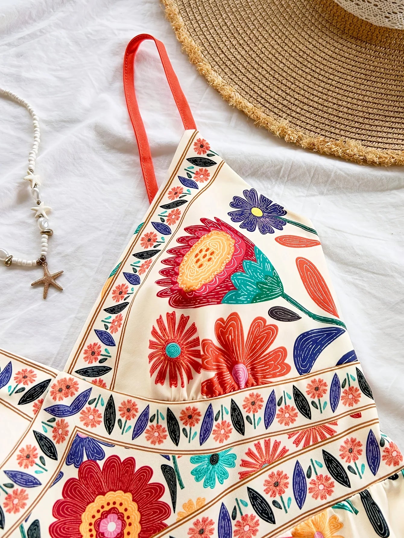 Bohemian Printed Jumpsuit, Fitted top with Elastic Back and spaghetti straps, High Waisted, Loose Bottoms