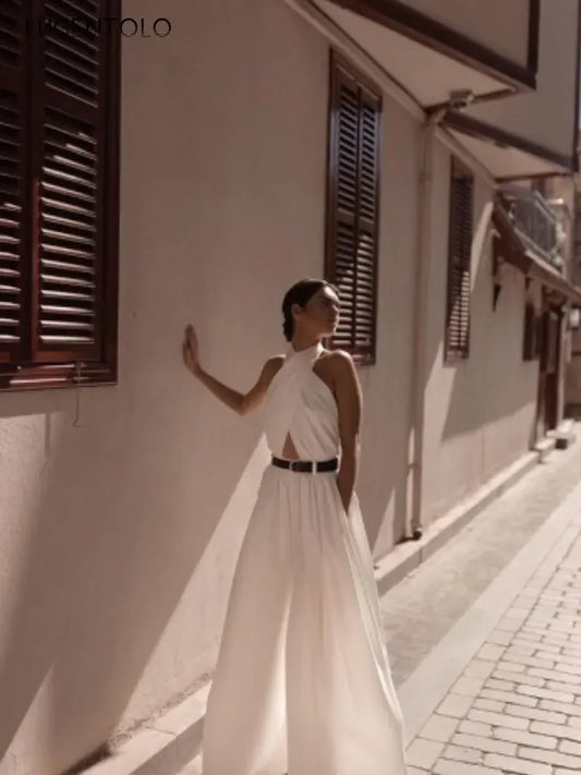 Backless Criss-cross Front, Back Button Halter Jumpsuit, Sleeveless, Slim High Waisted, Long Extra-Wide Leg Pants, Belted