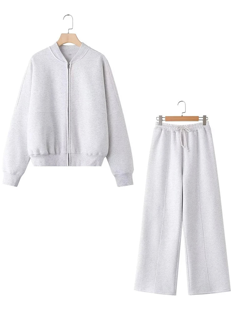 Warm 2 Piece Sweatsuits, Thick Fleece, Zipper Jacket, Batwing Sleeves, Clean Lines