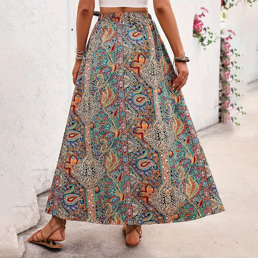 Bohemian Retro Floral Print Skirts Indie Folk High Waist A-Line Pleated Long Skirts with Slit