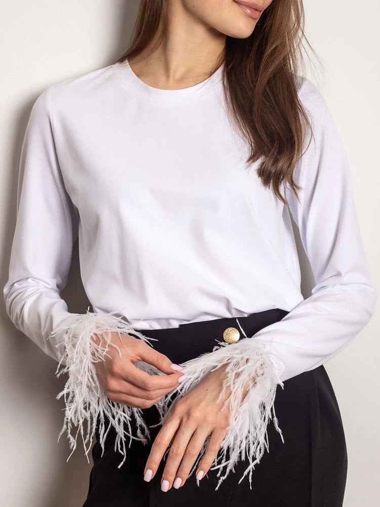 Chic T Shirt Spring Casual O Neck Solid Simple Loose Top split feathers on sleeves