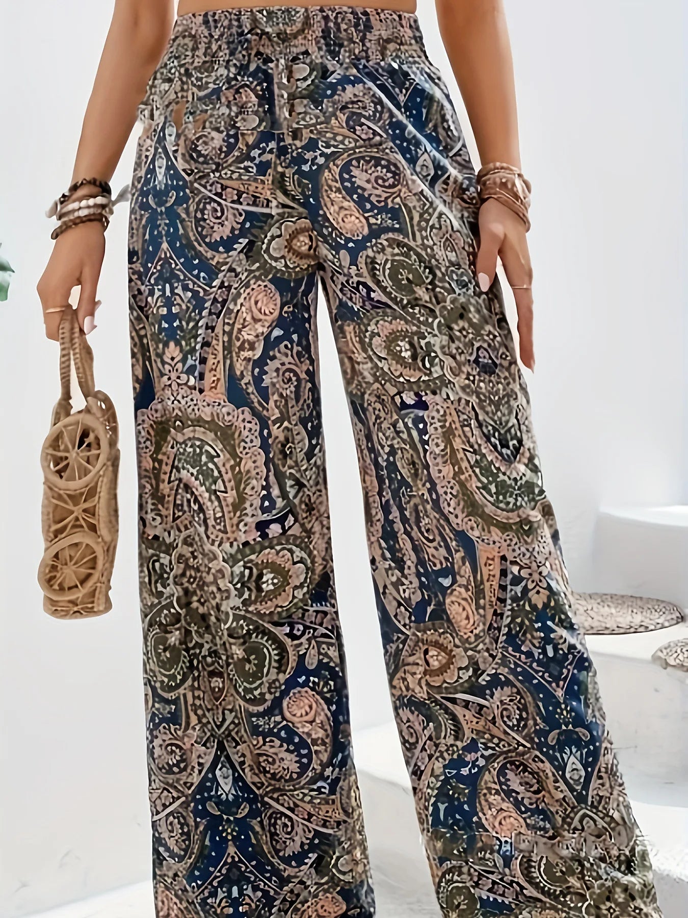 Bohemian High, Elastic Waist, Printed Wide Leg Long Pants to Size 2XL