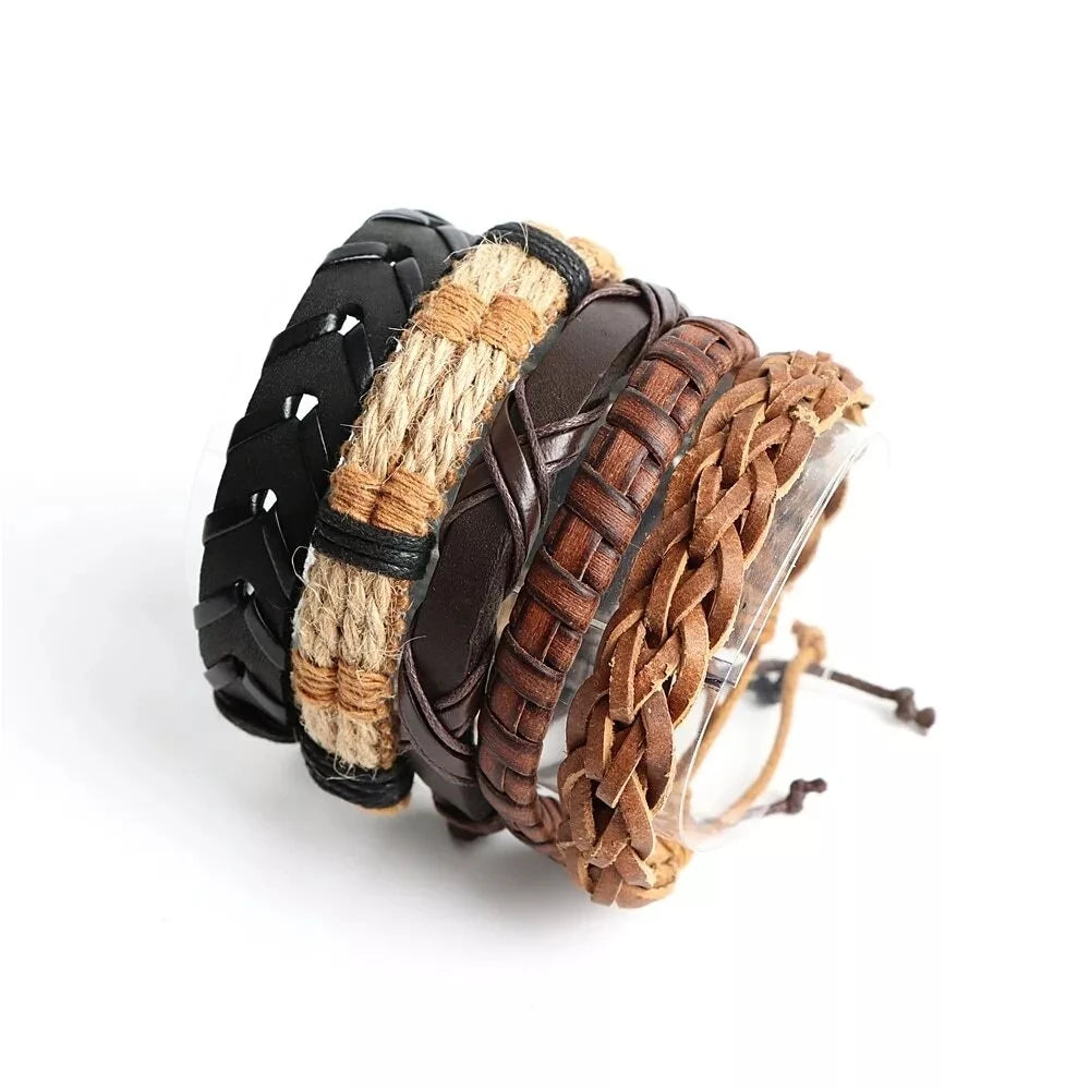 Boho 20Pcs Braided Leather Bracelets with Wood Beads Hemp Cords Tribal Handmade Wrapped Wristband