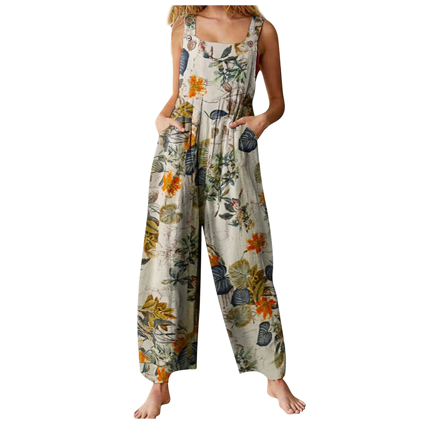 Floral Print, Square Neck, Sleeveless, Casual Overalls with Pockets