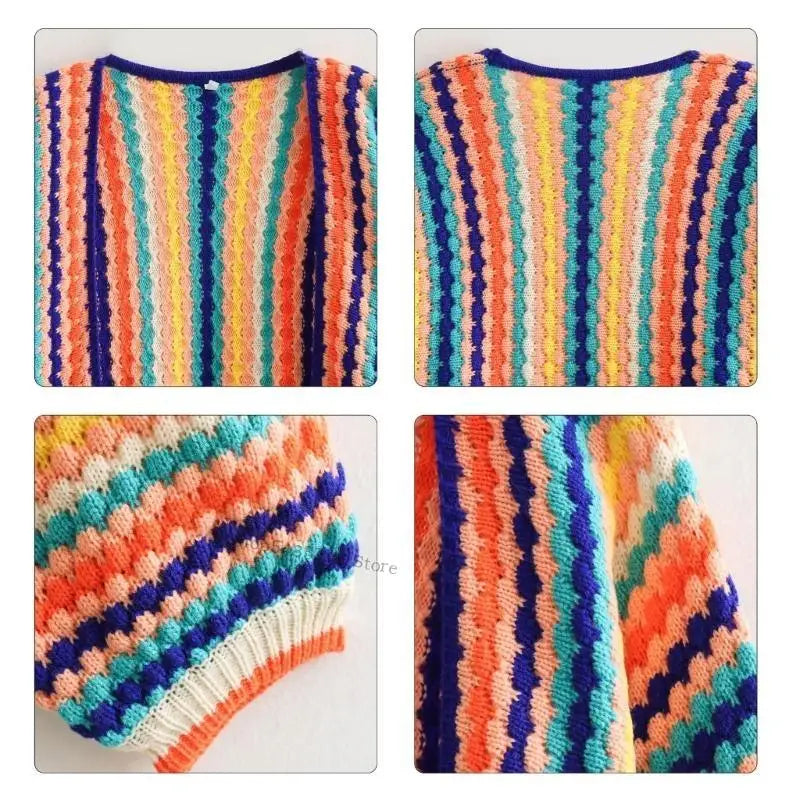 Rainbow Striped Knit Open Front Cardigan Long Sleeved Colorful Loose Knit Outerwear
