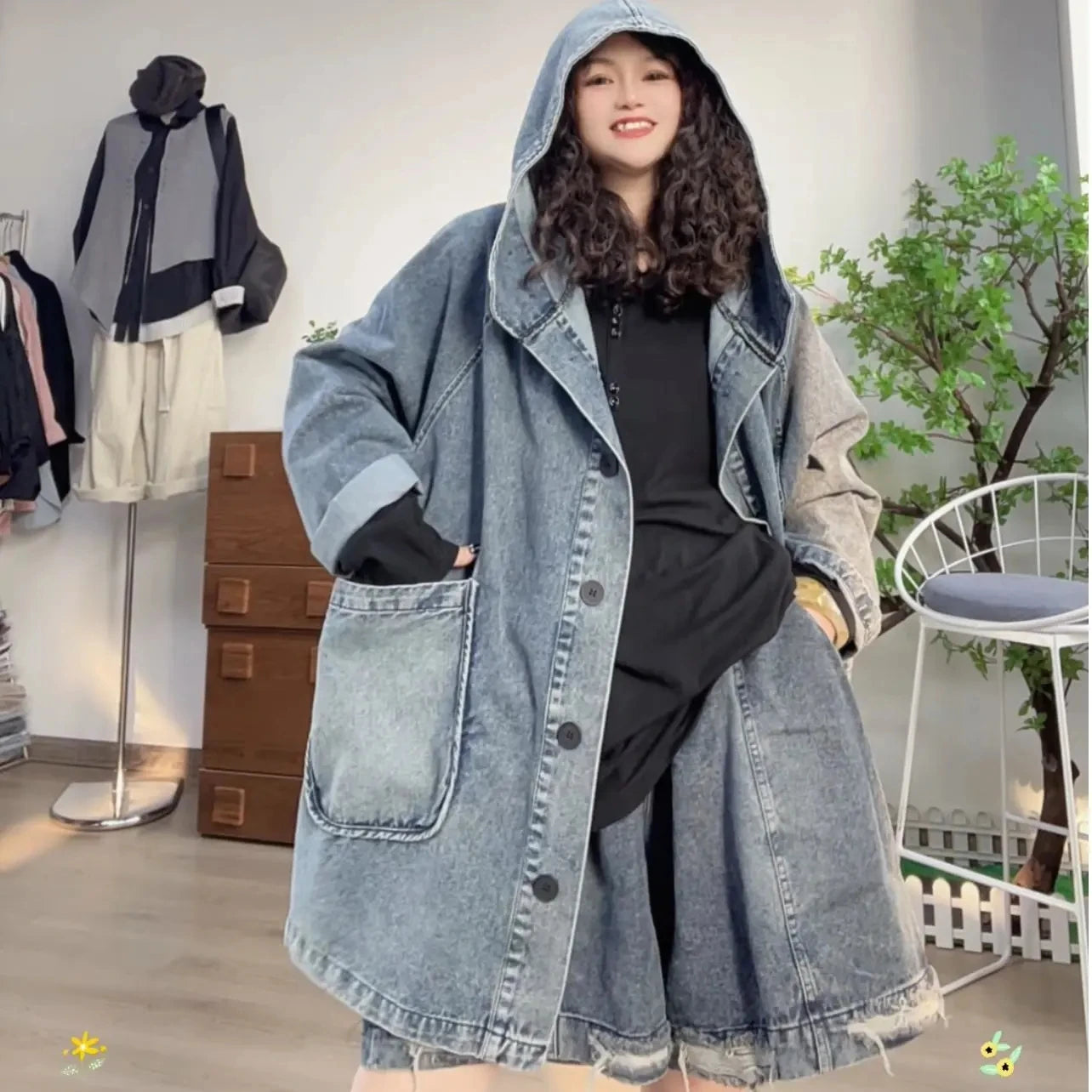 Long Oversized Loose Vintage Denim Jackets With Deep Pockets in Faded Washed Blue and Black