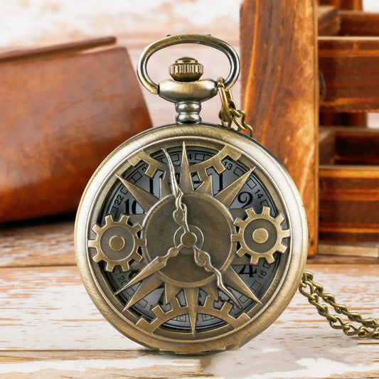 Exquisite Retro Bronze Steampunk Hollow Gear Design Quartz Pocket Watch with Necklace Chain