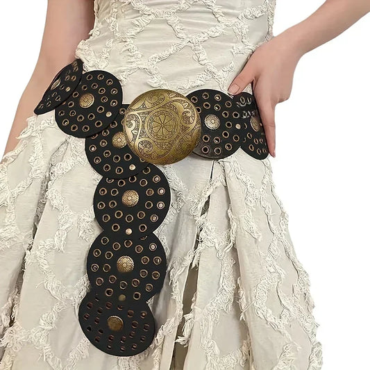 Vintage Riveted Leather Patchwork Design Wide Belt