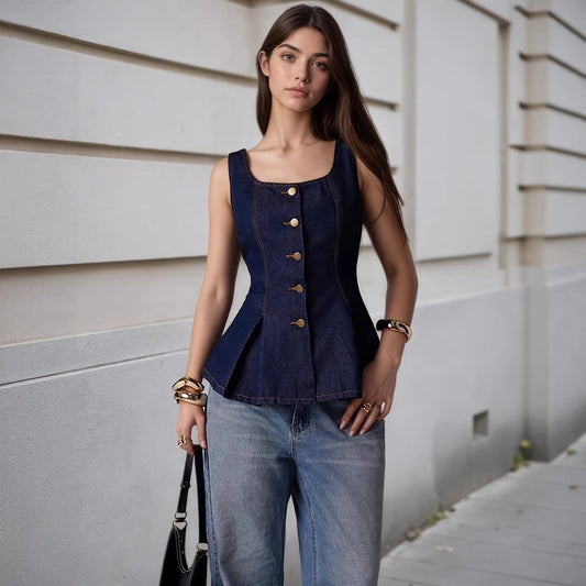 Faux Denim Button Up Corset Tank Top Vintage Jean Look Waistcoat Sleeveless Flaired Bottom