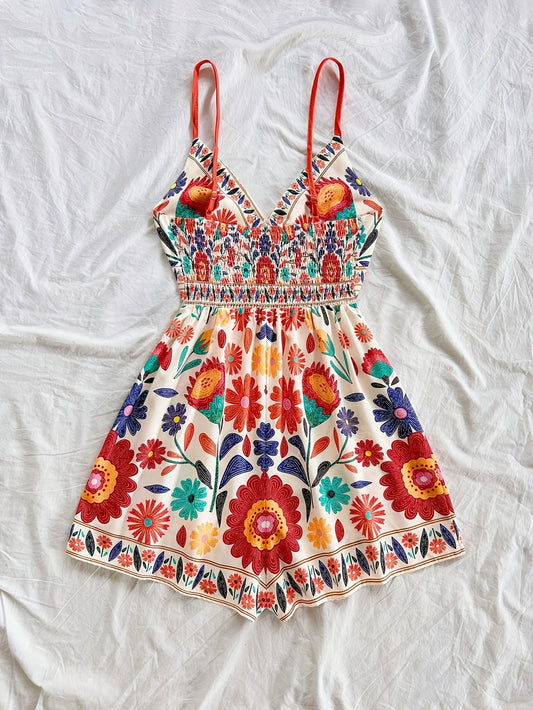 Bohemian Printed Jumpsuit, Fitted top with Elastic Back and spaghetti straps, High Waisted, Loose Bottoms