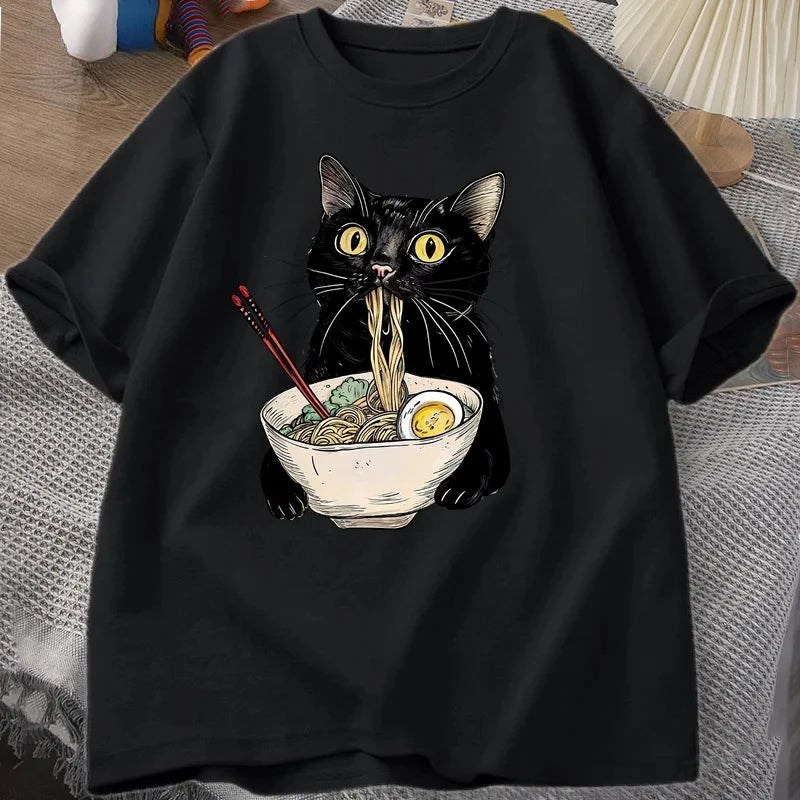 Sizes to 3XL T Shirts Black Cat Ramen Noodle T-Shirts Retro Casual Short Sleeve