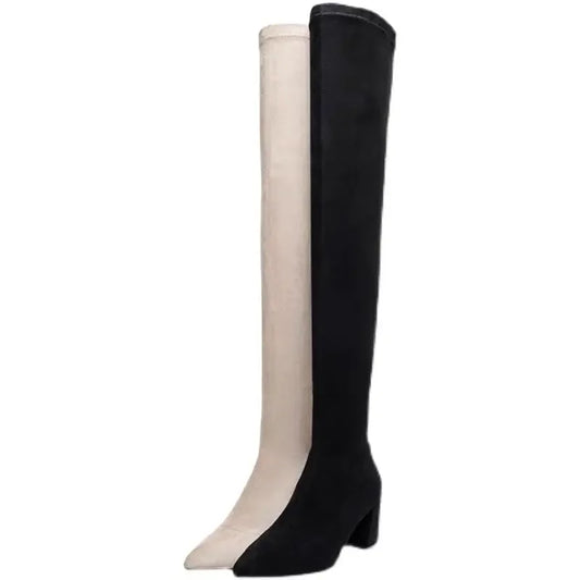 Sexy High Boots Over The Knee, Warm Boots, Suede Back Zipper, Square Heel