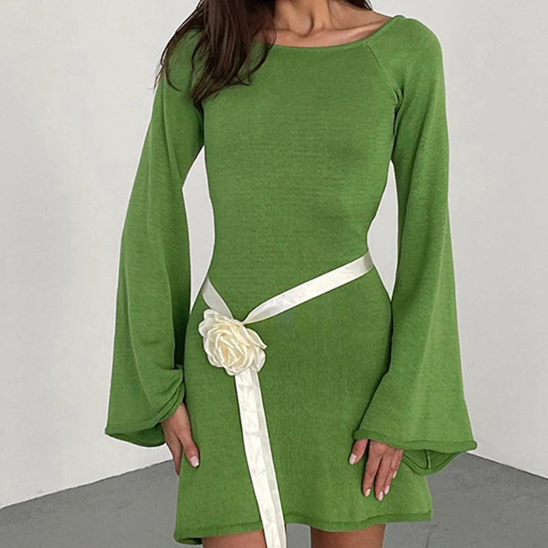 Backless Round Collar Cover-Ups Sheer Beachwear Stylish Horn Sleeve Wrap Dress