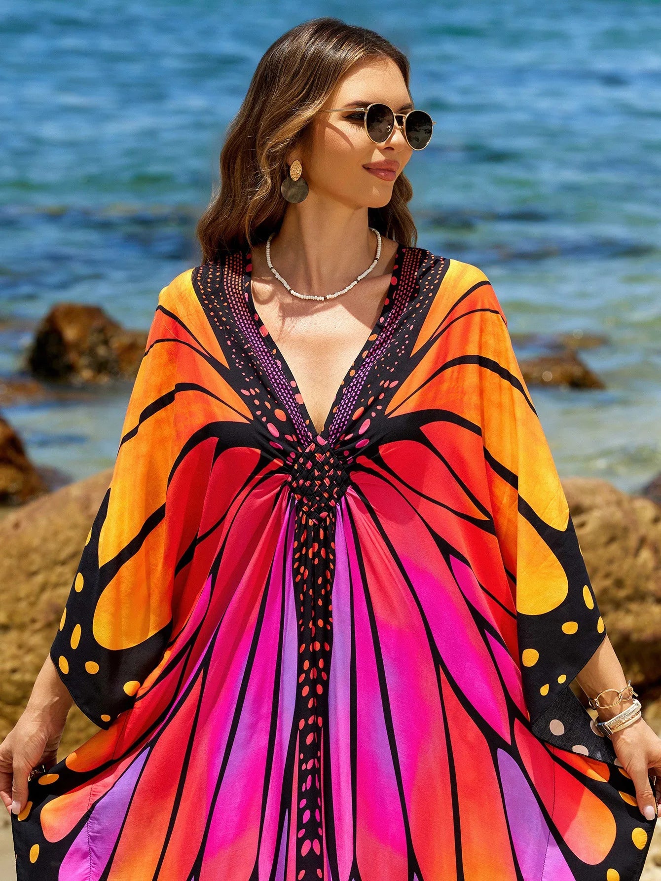 Colorful Butterfly Printed Caftan One Size