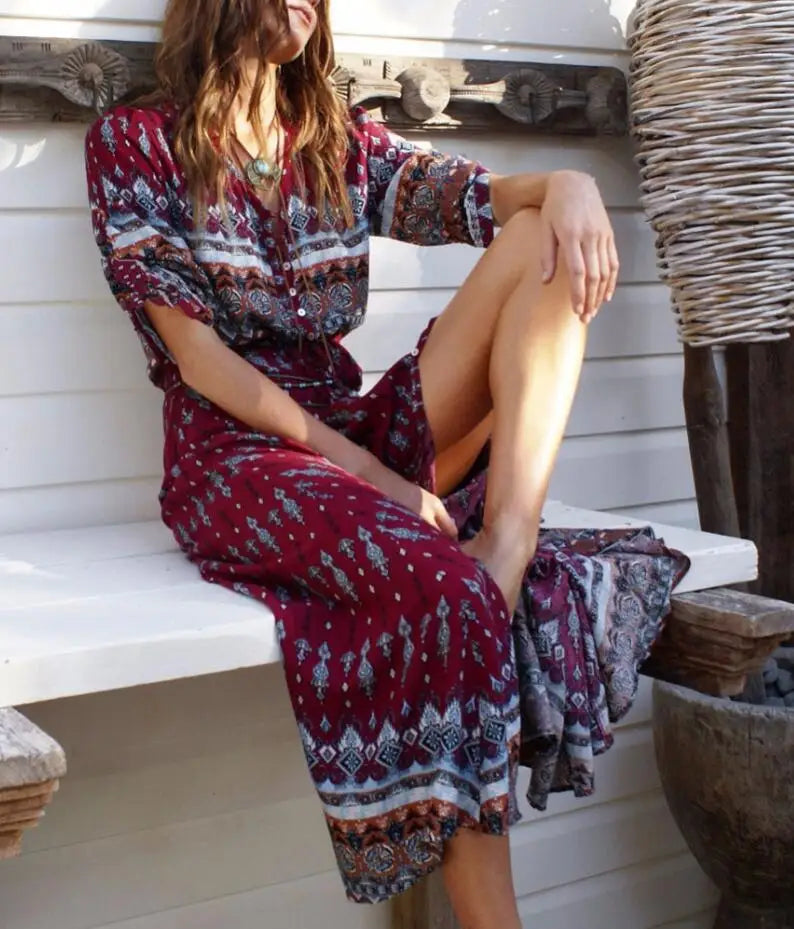 Long Maxi Dresses Bohemian Dress, 3/4 length sleeves, front slit, Also in turquoise
