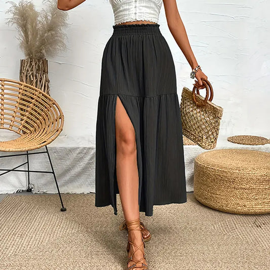 Bohemian Midi Skirt, High Waisted, Solid Colors, Casual with Side Slit, 3 Colors