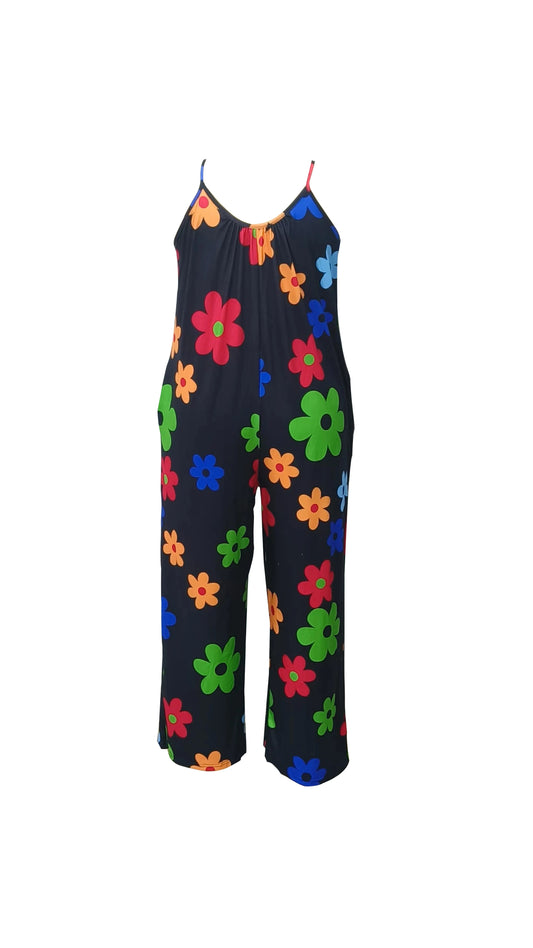 Plus Size 1XL to 5XL 1960's Floral Print Extremely Wide Leg Jumpsuit, Casual Sleeveless Pockets