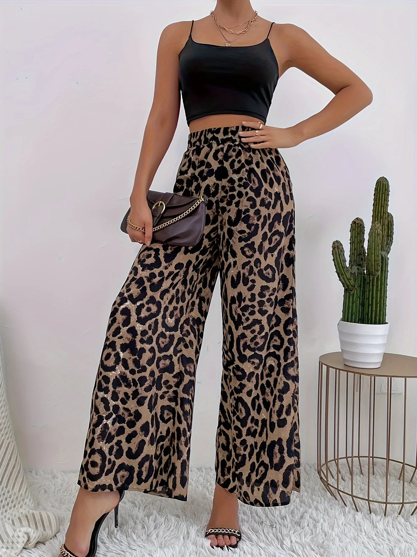 Leopard Print, Casual Straight, Wide Leg Pants, Elastic Waistband
