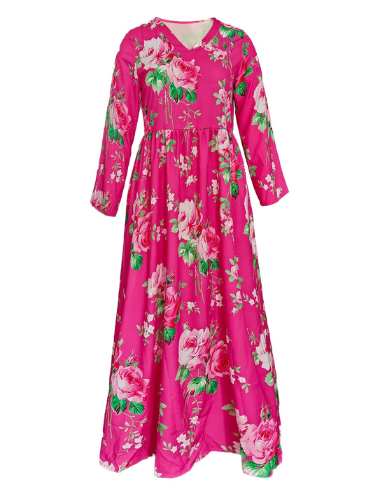 Sizes to 5XL Hot Sale Printed, V-neck, Long Sleeve dress with Pockets