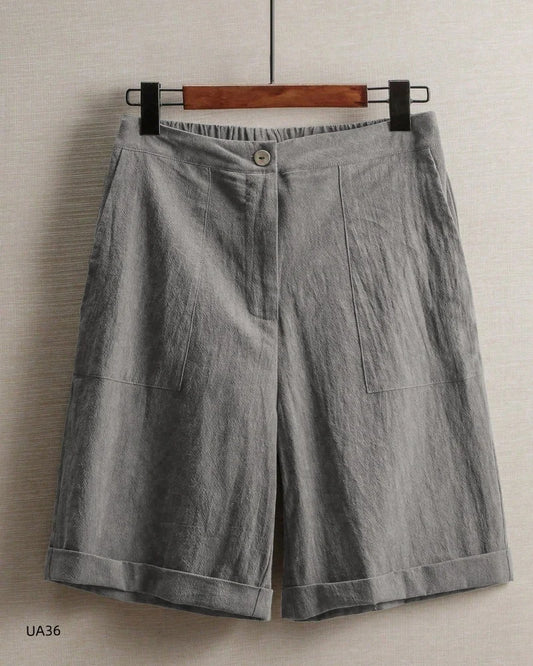 Casual Cotton Linen Knee-Length Shorts, Elastic Waist, Bermuda Shorts with Pockets, in 5 Colors