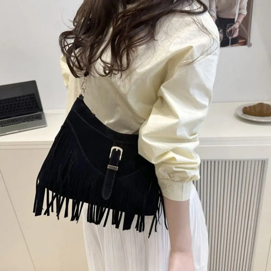 Bohemian Suede Leather Under-Arm Zipper, Tassels, Shoulder Bag, Solid Color PU Leather, Black, Grey, Coffee, and Light Brown