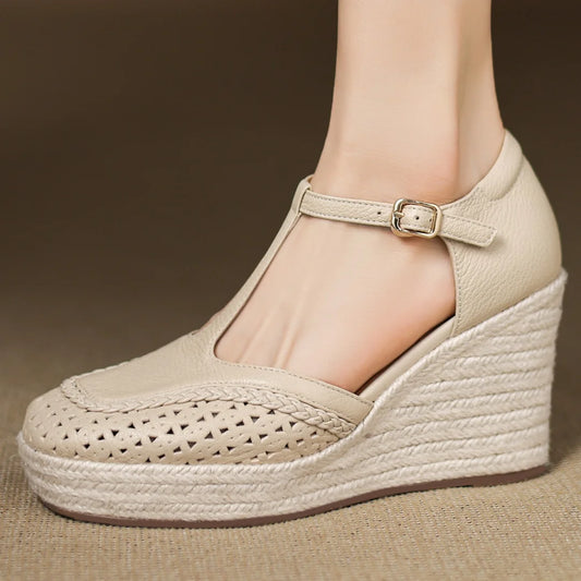 Genuine leather Boho Narrow t-strap Hemp wedge Platform sandals Square toe