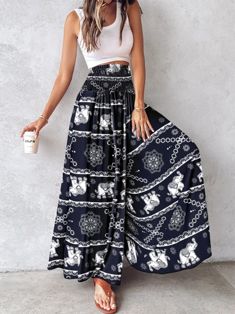 Women's,Cool Countryside Style Printed Wide Leg Pants Wide Elastic Band Waist