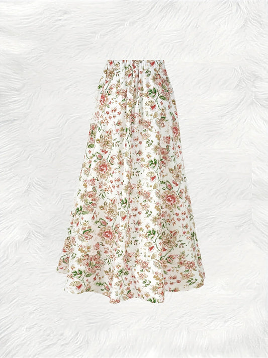 Boho Floral Print All-Season Maxi Skirt, Elastic Waist Flowy