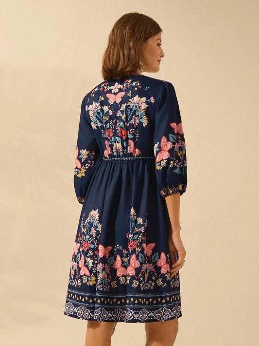 Boho Floral Print Puff Sleeve V-Neck Navy Mini Dress