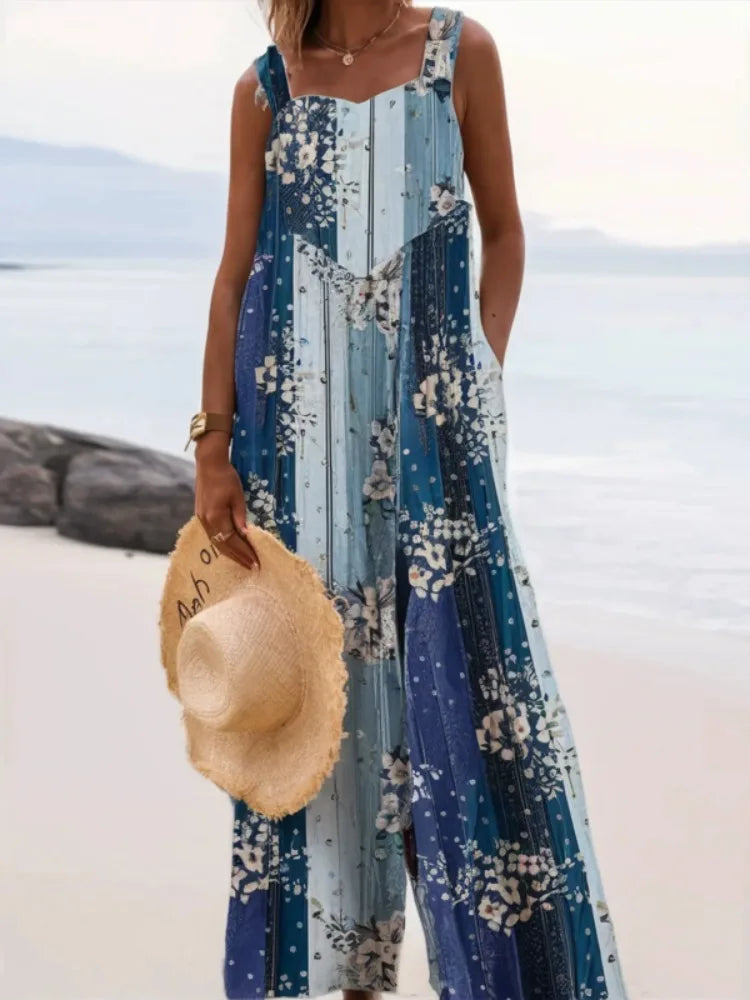 Sizes to 5XL-5XL. Floral Print Suspender Overalls, Loose Wide-Leg Jumpsuit