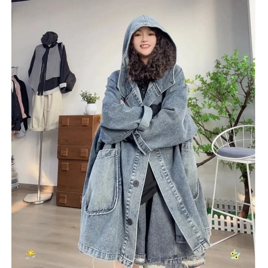 Long Oversized Loose Vintage Denim Jackets With Deep Pockets in Faded Washed Blue and Black