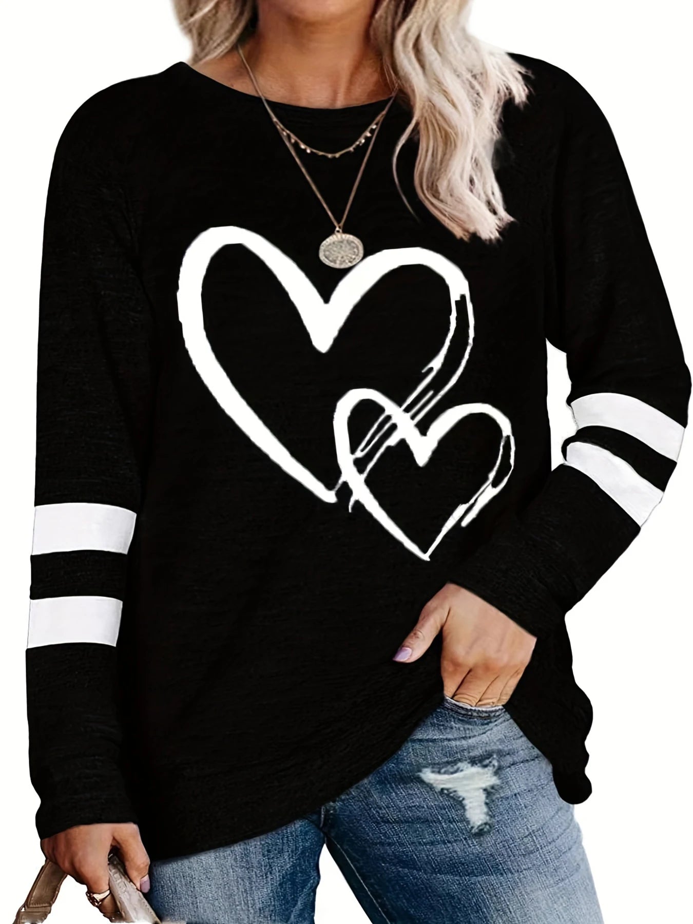 Plus Size eyelet hollow solid heart-shaped printed long-sleeved Light Stretch, Casual. Available in 6 Colors