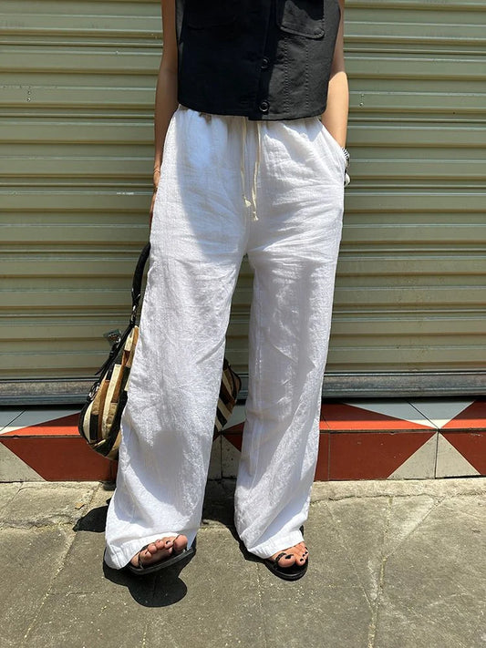 Up to 4XL in Navy, Wheat, White, and Black Wide Leg Pants. Cotton with Elastic and Tie Waist.