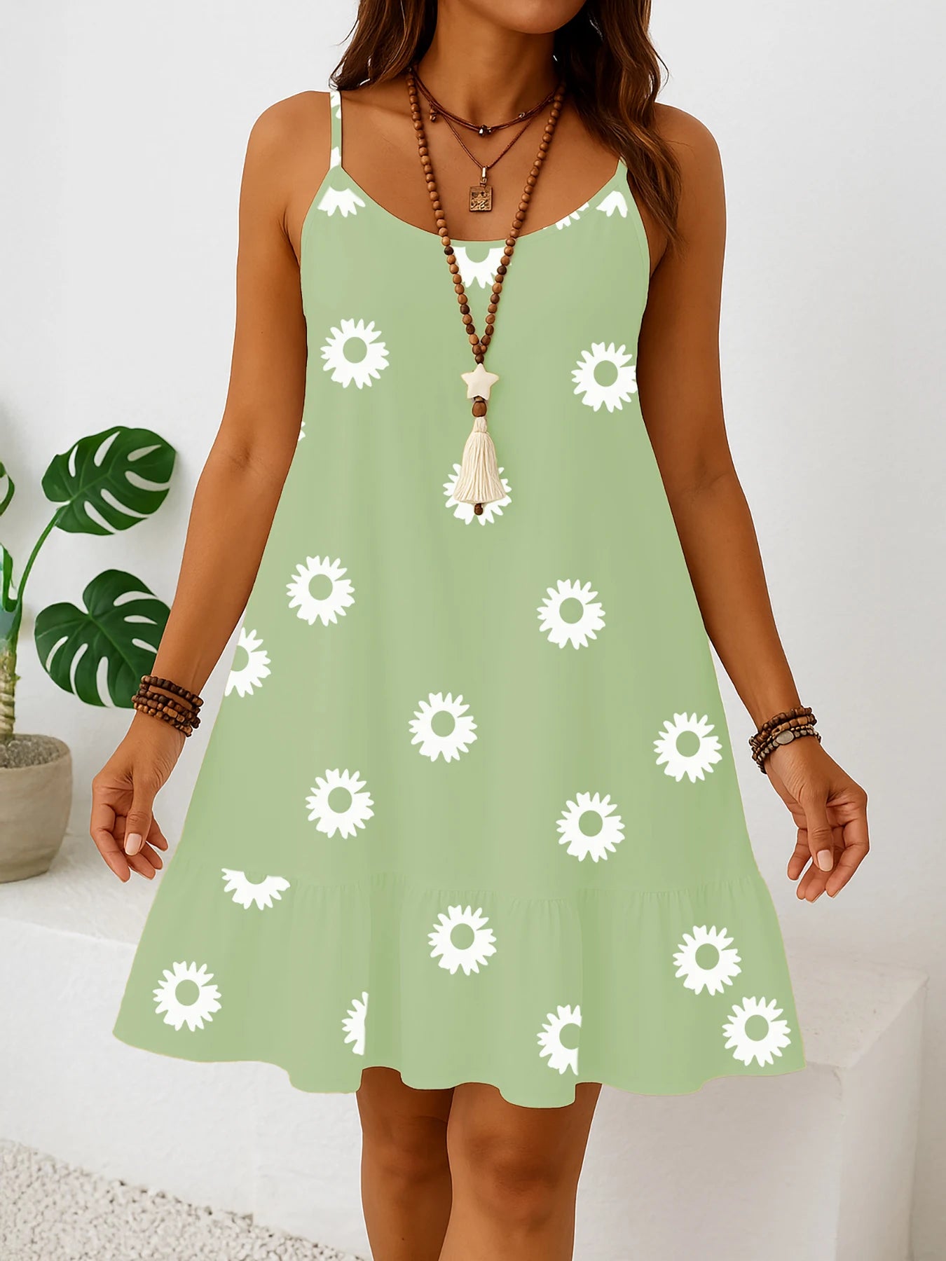 Plus sizes to 5XL sleeveless floral print dress, sun dress with ruffled hem, casual spaghetti straps, and v-neck