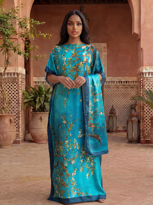 Boho Print Maxi Caftan with matching Shawl, Elbow Length Sleeves, 5 designs to choose from