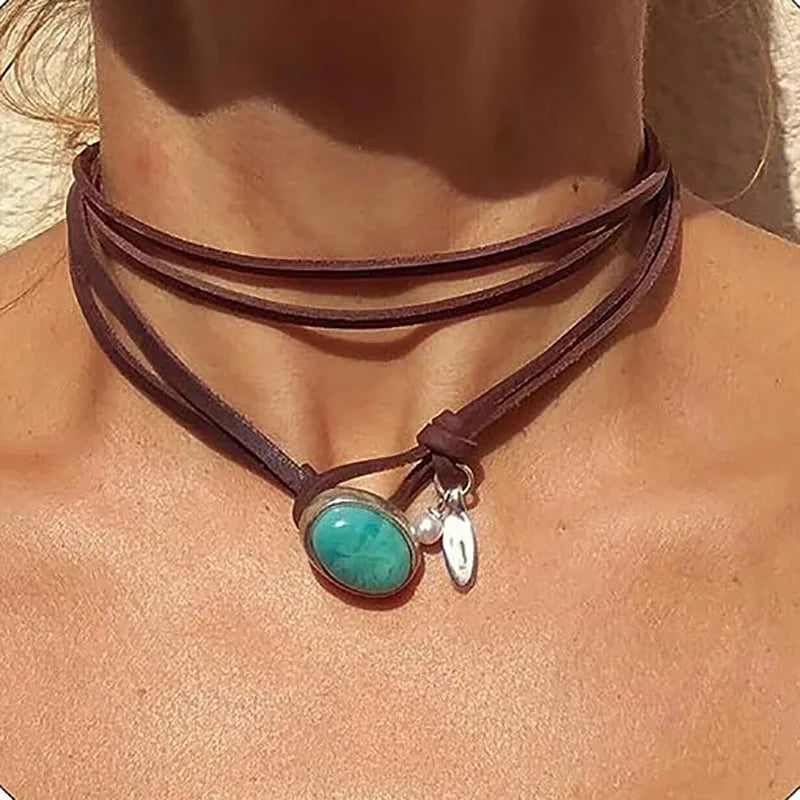Vintage Bohemian Round Pendant Necklace with Unusual Turquoise Beaded Leather Closure Other Designs available also